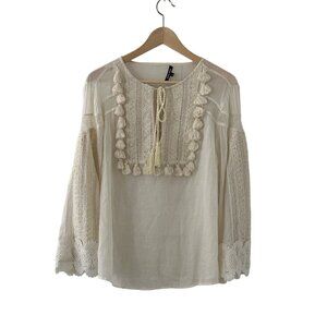 Shear Love Sam Boho Lace and Tassel Cream Long Sleeve Blouse
